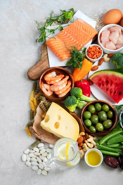 Healthy Food Assortment Light Background Diet Concept Top View Flat —  Fotos de Stock