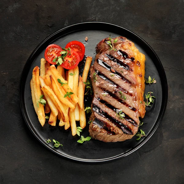 Striploin Beef Steak French Fries Dark Background Freshly Grilled Healthy — Photo