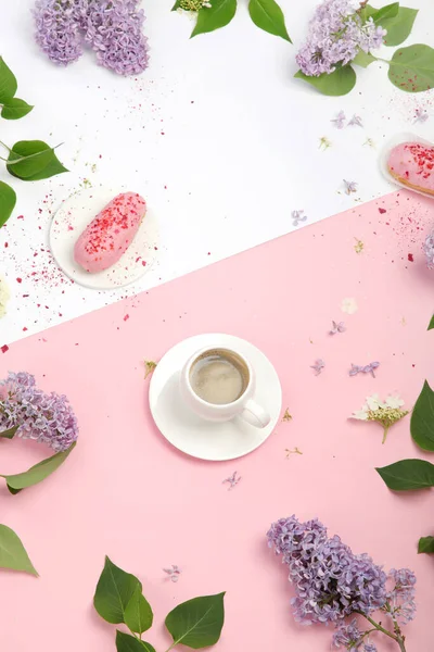 Composition Cup Coffee Color Background Spring Natural Background Top View —  Fotos de Stock