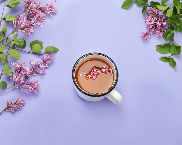 Lilac Flowers Cup Tea Colourful Background Atmospheric Summer Concept Top — 图库照片
