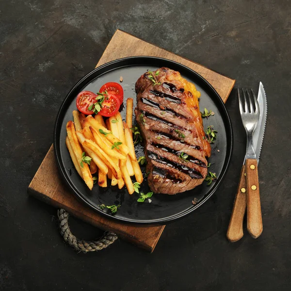 Striploin Beef Steak French Fries Dark Background Freshly Grilled Healthy — Zdjęcie stockowe