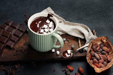 Şekerlemeli kakao ve kupada kakao tozu. Kremalı sıcak içecek.. 