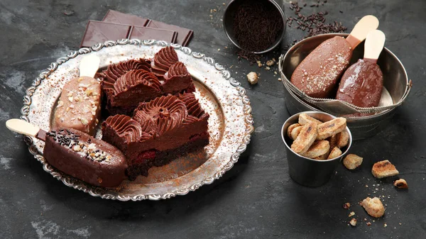 Chocolate Desserts Dark Background Dessert Table — Fotografie, imagine de stoc