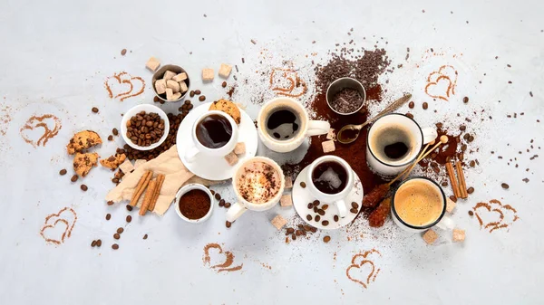 Coffee Cup Assortment Light Background Modern Breakfast Concept Top View — Stok fotoğraf