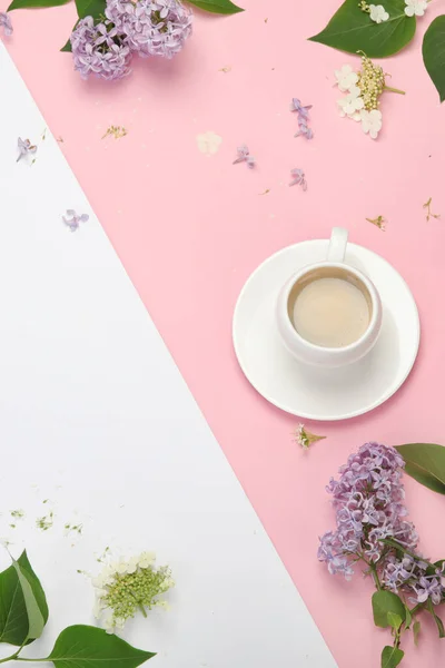 Composition Cup Coffee Color Background Spring Natural Background Top View —  Fotos de Stock