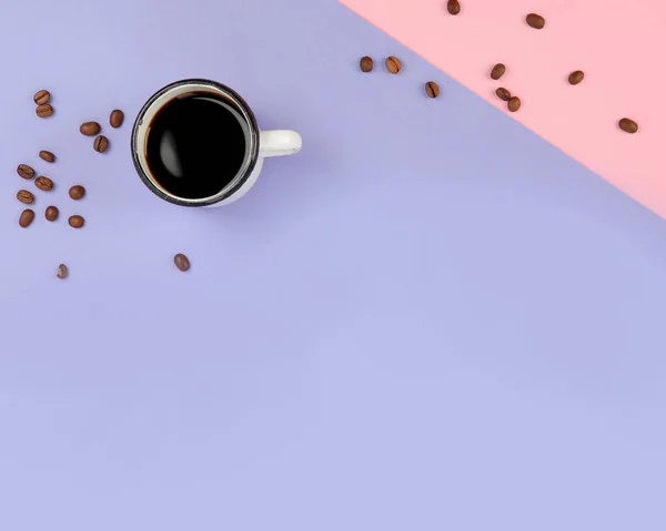 Cup Cofee Color Background Modern Breakfast Concept Top View Flat — Foto Stock