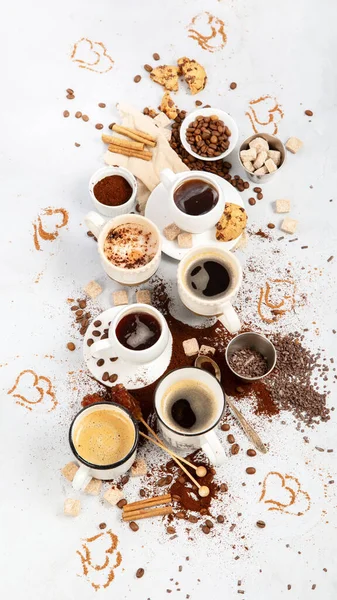 Coffee Cup Assortment Light Background Modern Breakfast Concept Top View — Stock Photo, Image