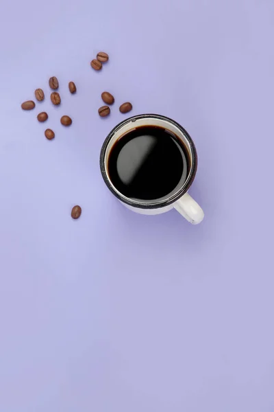 Cup Cofee Color Background Modern Breakfast Concept Top View Flat — Foto Stock