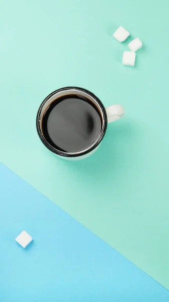 Cup Coffee Color Background Modern Breakfast Concept Top View Flat — Stok fotoğraf