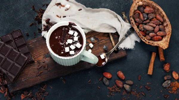 Cacao with marshmallow and cacao powder in mug. Hot beverage with whipped cream. Top view, flat lay, copy space