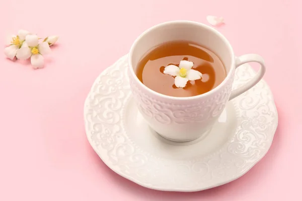 Jasmine Tea Color Background Herbal Tea Concept Top View Flat — Stock Photo, Image