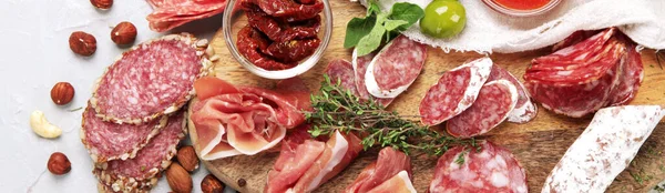 Sausages Assortment Light Background Meat Product Made Finely Chopped Seasoned — Foto de Stock