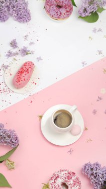 Composition with cup of coffee on color background. Spring natural background. Top view, flat lay, copy space