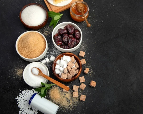 Various Diet Replacement Sugar Dark Background Organic Sweetener Concept Top — ストック写真