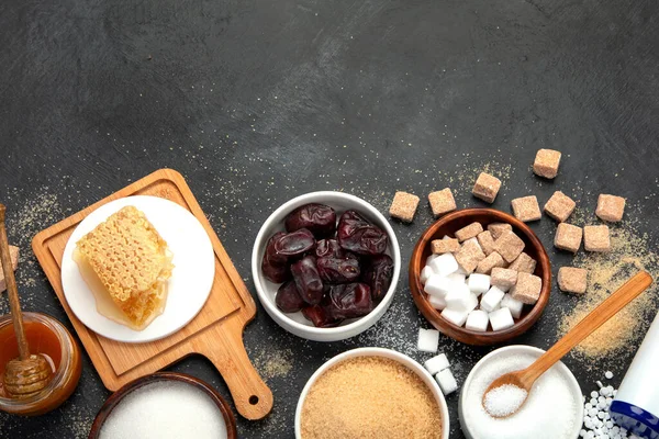 Various Diet Replacement Sugar Dark Background Organic Sweetener Concept Top — Stock Photo, Image