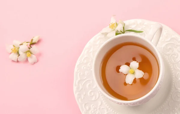 Jasmine Tea Color Background Herbal Tea Concept Top View Flat — Stock Photo, Image