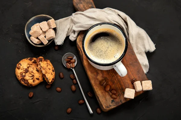 Cup Black Coffee Dark Background Hot Beverage Breakfast Concept Top —  Fotos de Stock
