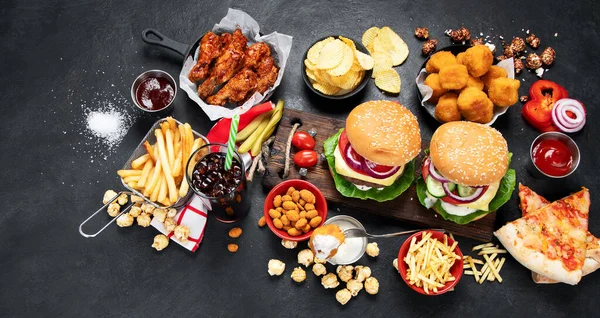 Fast Food Unhealthy Eating Concept Close Fast Food Snacks Cola — Fotografia de Stock