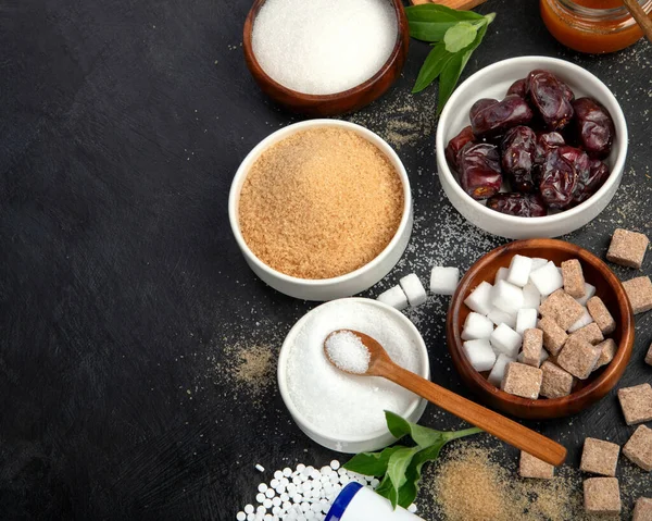 Various Diet Replacement Sugar Dark Background Organic Sweetener Concept Top —  Fotos de Stock