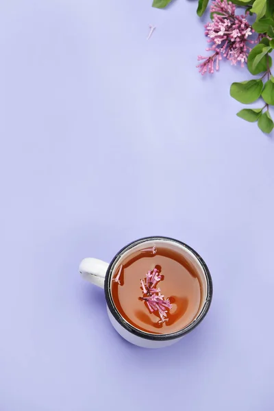 Lilac Flowers Cup Tea Colourful Background Atmospheric Summer Concept Top — Stock fotografie