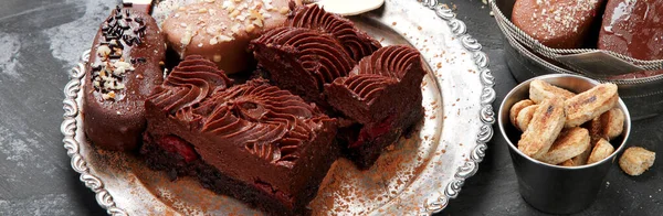 Chocolate Desserts Dark Background Dessert Table — Fotografie, imagine de stoc