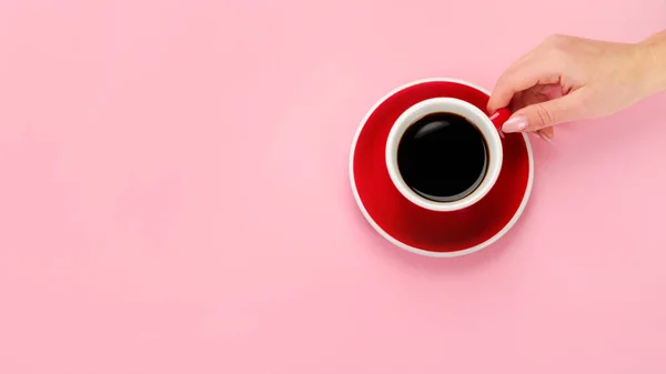 Koffie Rode Beker Kleur Achtergrond Warme Drank Bovenaanzicht Flat Lay — Stockfoto