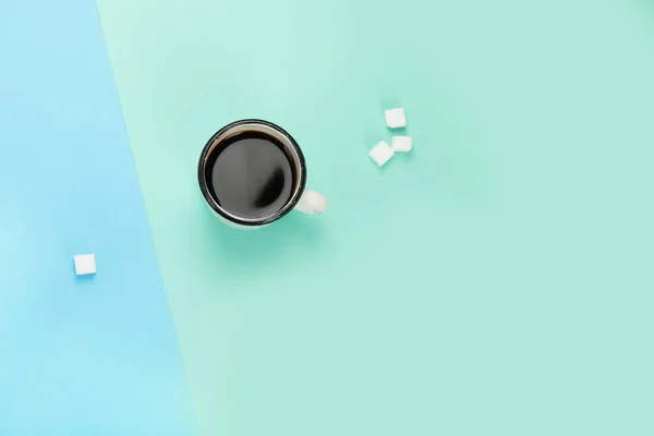 Cup Coffee Color Background Modern Breakfast Concept Top View Flat — 스톡 사진