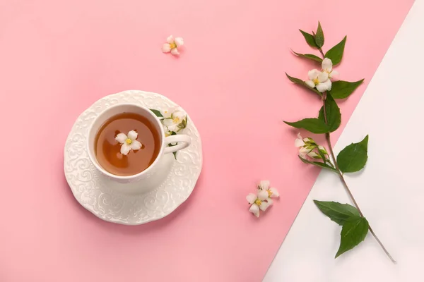 Jasmine Tea Color Background Herbal Tea Concept Top View Flat — Stockfoto