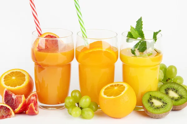 Fruit Juices Assortment Light Background Freshly Made Drinks — стоковое фото