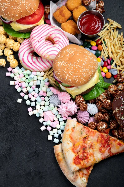 Unhealthy Products Food Bad Figure Skin Heart Teeth Assortment Fast — Stockfoto