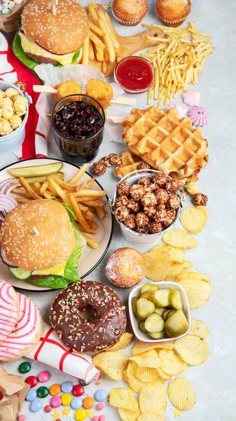 Various American Food French Fries Hamburgers Nuggets Hotdog Chips Popcorn — Stockfoto