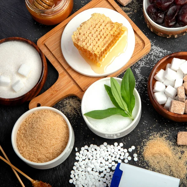 Various Diet Replacement Sugar Dark Background Organic Sweetener Concept Top — Foto de Stock