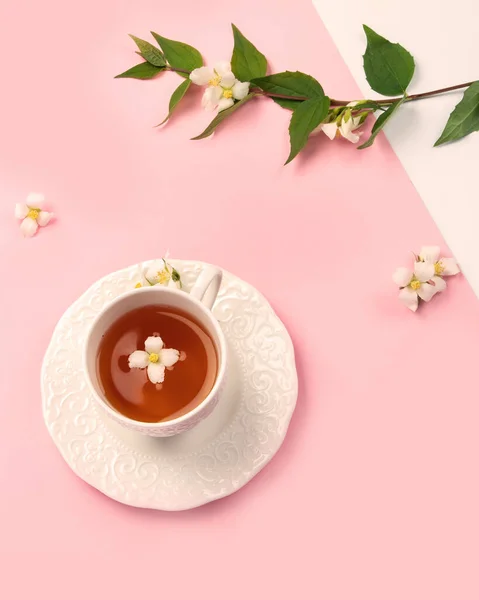 Jasmine Tea Color Background Herbal Tea Concept Top View Flat — Stockfoto