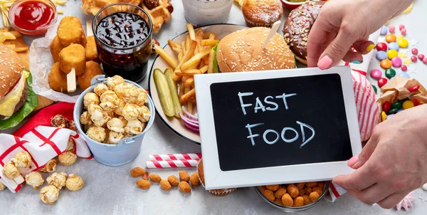 Various American Food French Fries Hamburgers Nuggets Hotdog Chips Popcorn — Stock Photo, Image