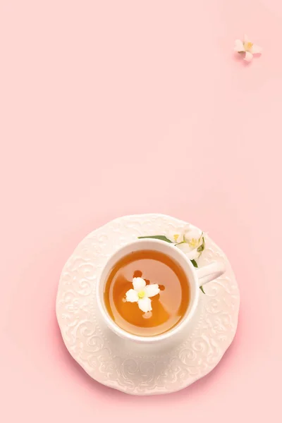 Jasmine Tea Color Background Herbal Tea Concept Top View Flat — Stock fotografie