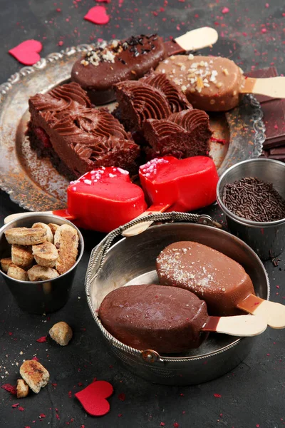 Chocolate Desserts Dark Background Dessert Table — 스톡 사진