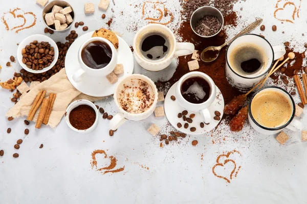 Coffee Cup Assortment Light Background Modern Breakfast Concept Top View — Stock Fotó