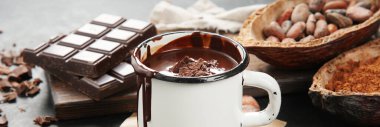 Melted chocolate drink on dark background. Hot beverage. panorama