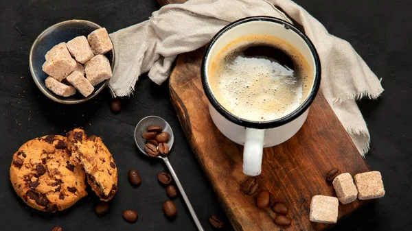 Cup Black Coffee Dark Background Hot Beverage Breakfast Concept Top — Stock Fotó