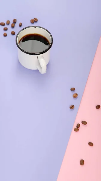 Cup Cofee Color Background Modern Breakfast Concept Top View Flat — Foto Stock