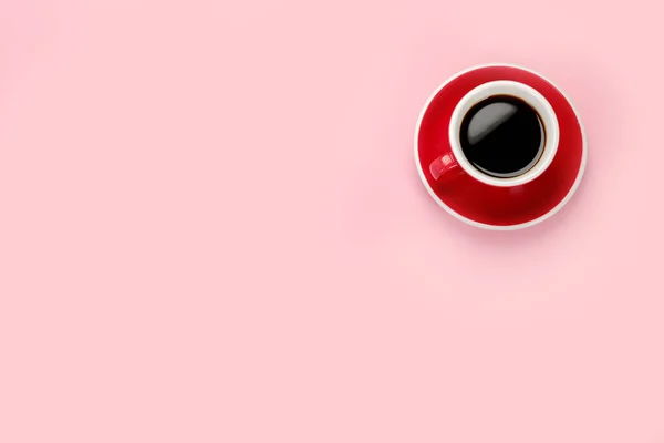 Coffee Red Cup Color Background Hot Beverage Top View Flat — Fotografia de Stock