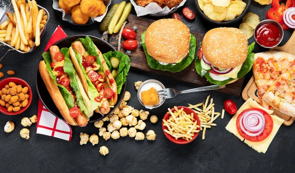 Fast Food Unhealthy Eating Concept Close Fast Food Snacks Cola — ストック写真