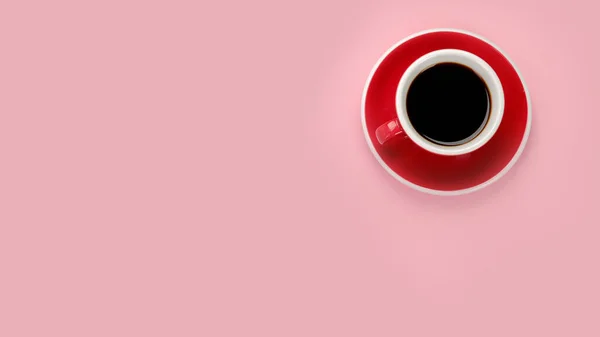 Coffee Red Cup Color Background Hot Beverage Top View Flat — Fotografia de Stock