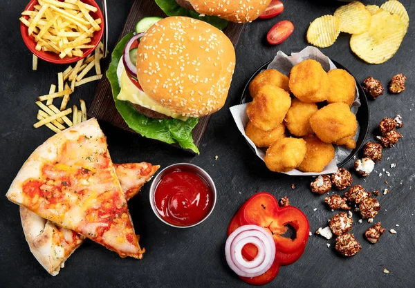 Fast Food Unhealthy Eating Concept Close Fast Food Snacks Cola — Φωτογραφία Αρχείου