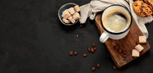 Cup Black Coffee Dark Background Hot Beverage Breakfast Concept Top — стоковое фото