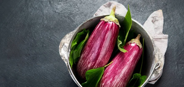 Fresh Aubergine Eggplant Gray Background Popular Component Healthy Diets Top — Stock Photo, Image