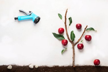 Springtime gardening composition on neutral background. Organic vegetables, fruits and garden tools. Top view, copy space