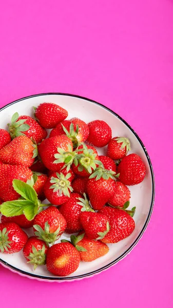 Strawberries Color Background Concept Organic Food Top View Copy Space — Foto Stock
