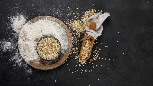 Raw Green Buckwheat Dark Background Food Ingredients Concept Organic Food — Stockfoto