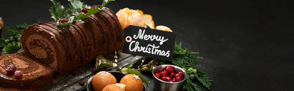 Chocolate Yule Log Dark Background Traditional Dessert Christmas Time Copy — Stock Photo, Image